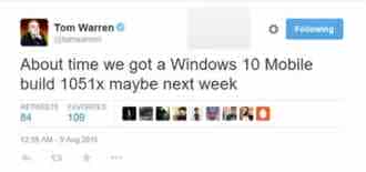 Win10 Mobile预览版最新是1051x(x代表某位数字)  预计本周推送