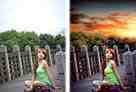Photoshop调出唯美橙色霞光公园木桥上人物图片