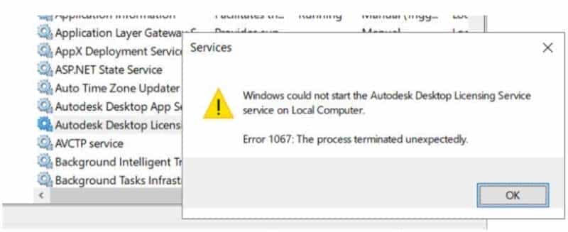 启动Autodesk Desktop Licensing Service时出现错误1067：进程意外终止怎么办